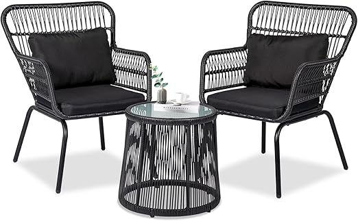 3 Piece Outdoor Wicker Bistro Set with Cushions