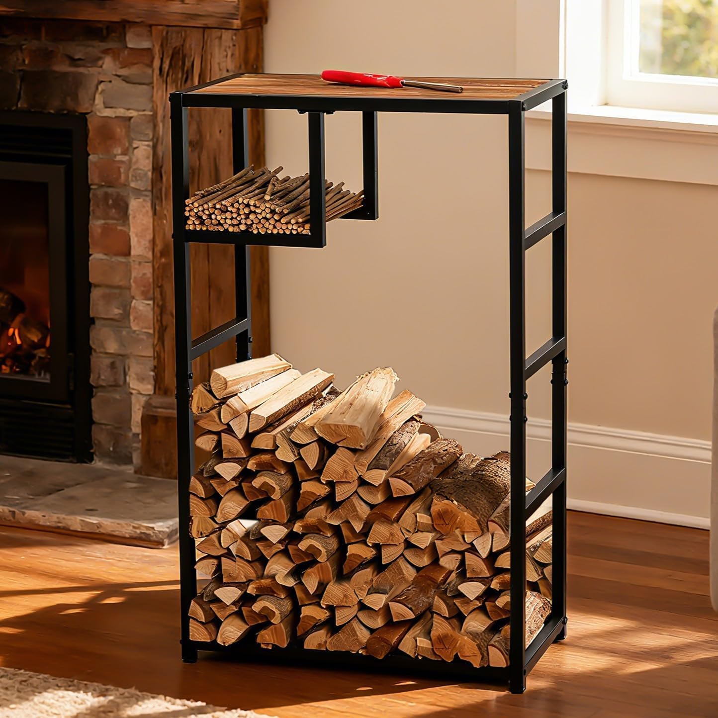 Indoor Firewood Rack with Storage Shelf