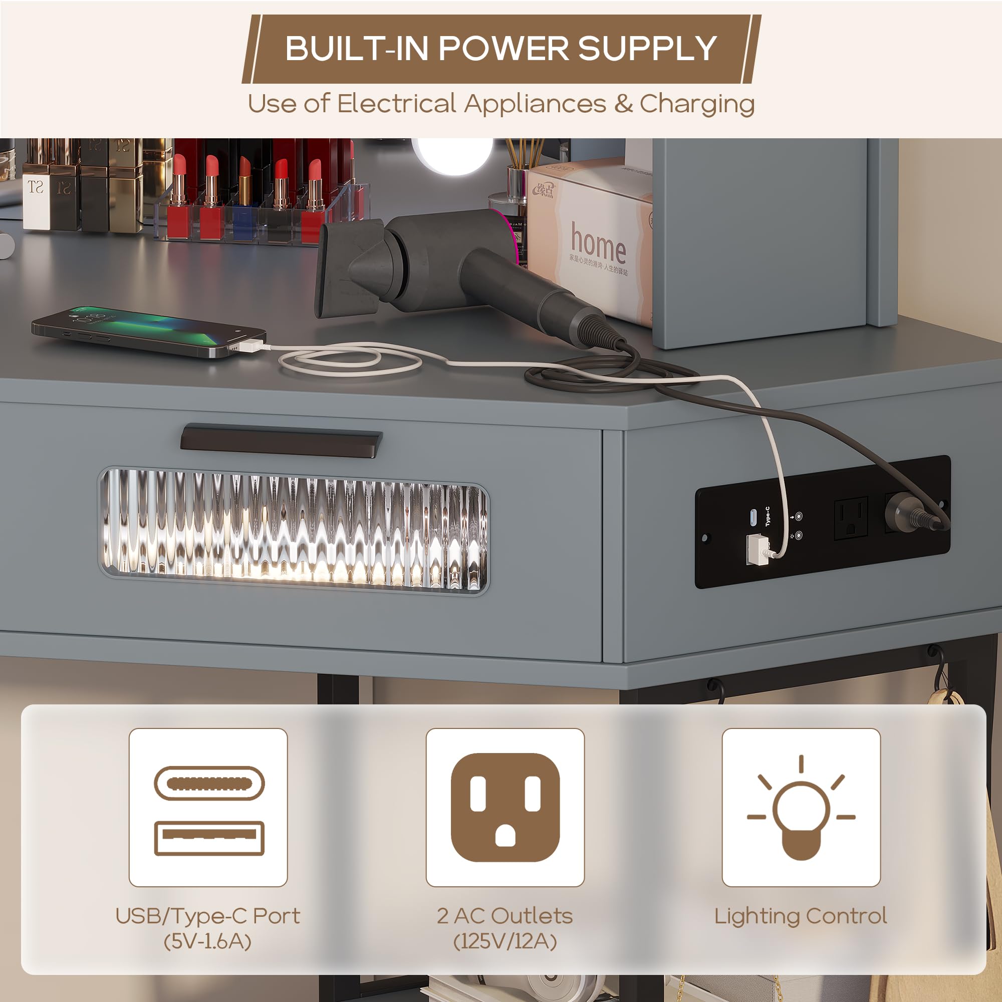 Corner Makeup Vanity Desk with Hollywood Mirror and Lights