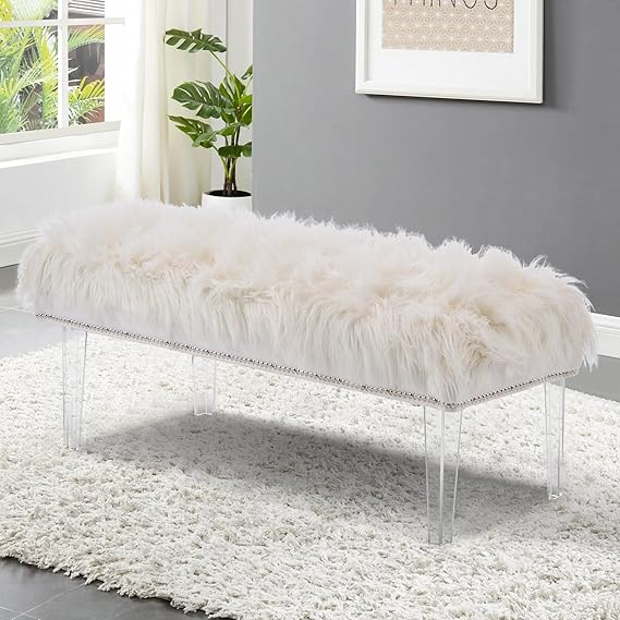 White Faux Fur Upholstered Bench with Wooden Legs
