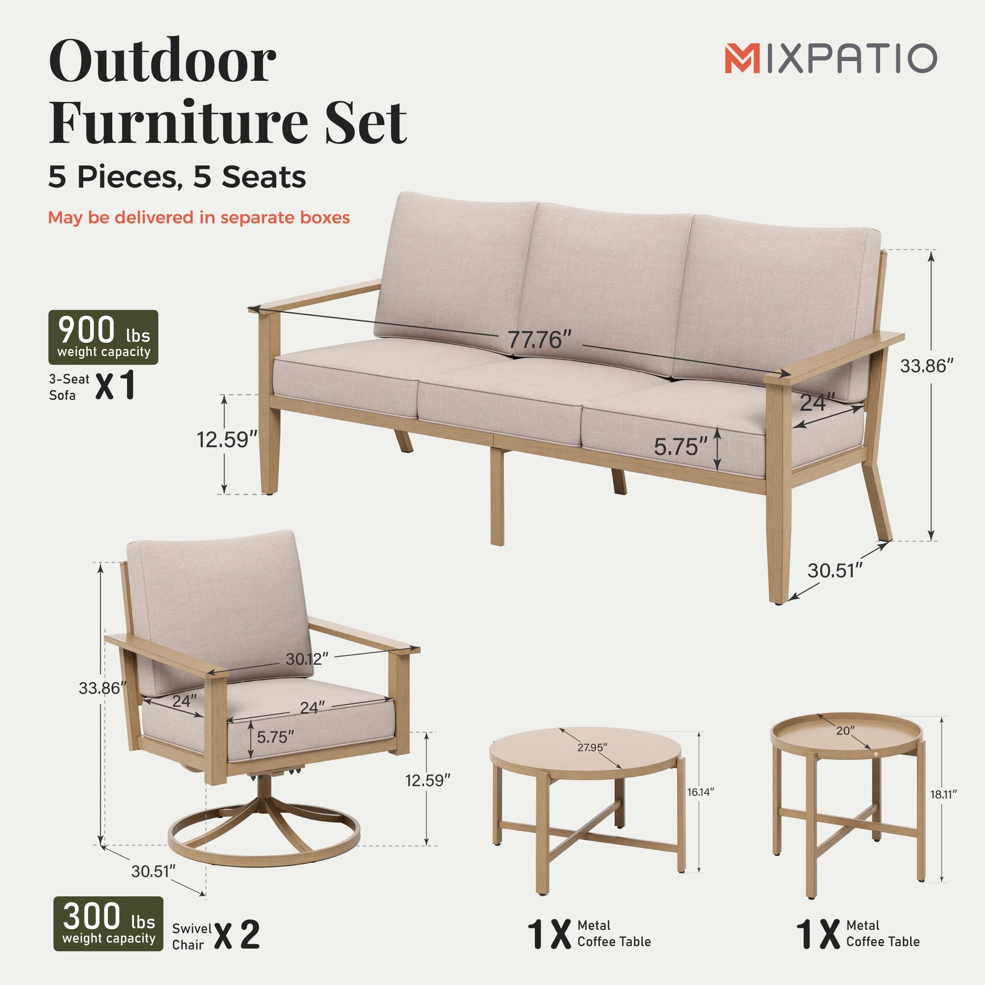 5-Piece Patio Conversation Set with Swivel Chairs