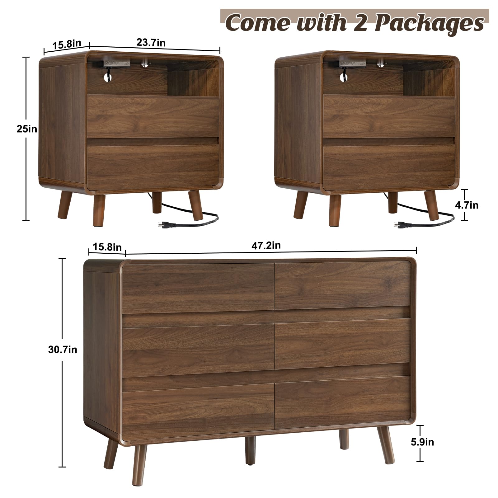 Nasonet Dresser and Nightstand Sets 3 Piece, 6 Drawer Dresser for Bedroom and Nightstands Set of 2, Wood Chest of Drawers Night Stand Mid Century Modern Bedroom Furniture Set, Walnut