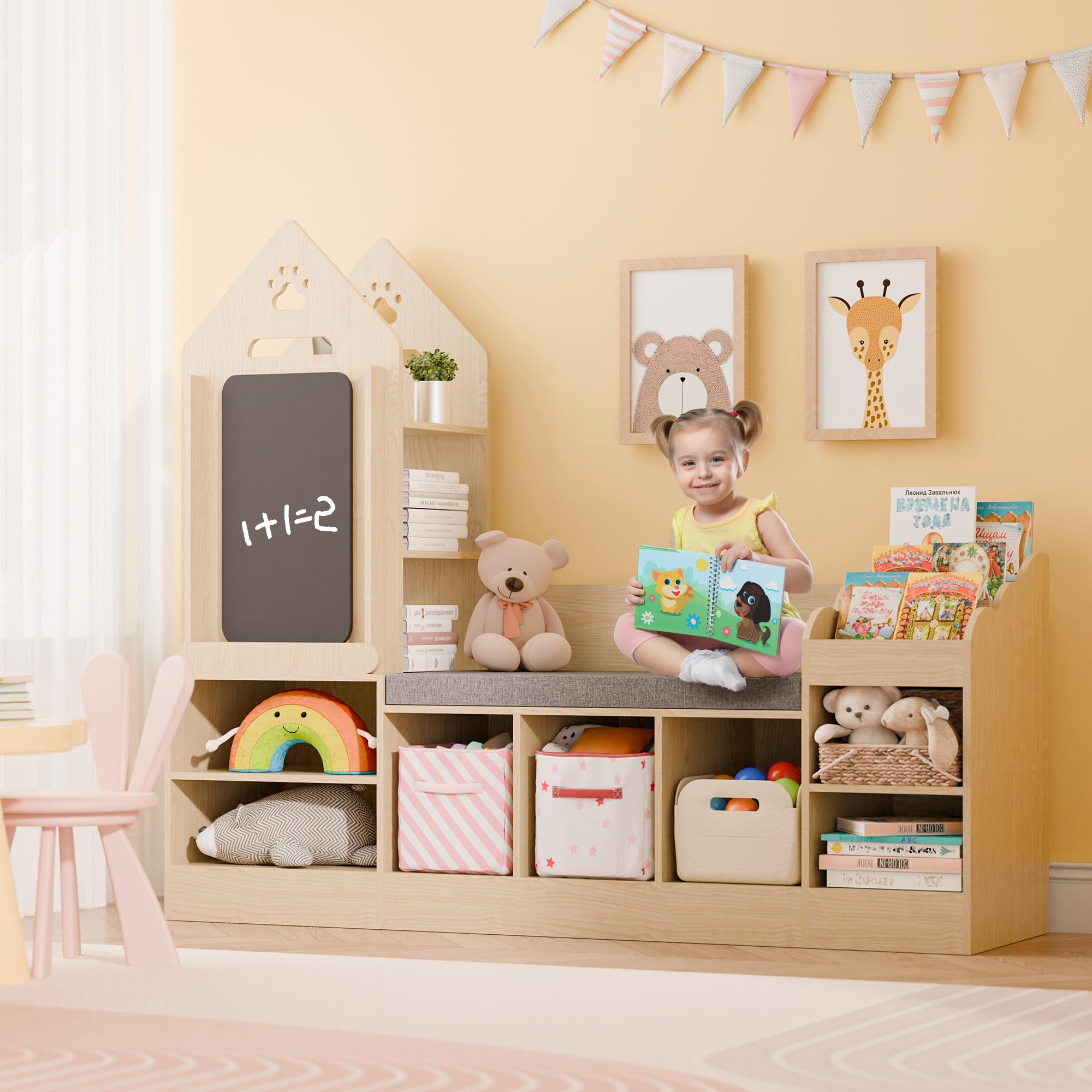 Kids Bookshelf with Reading Nook and Chalkboard