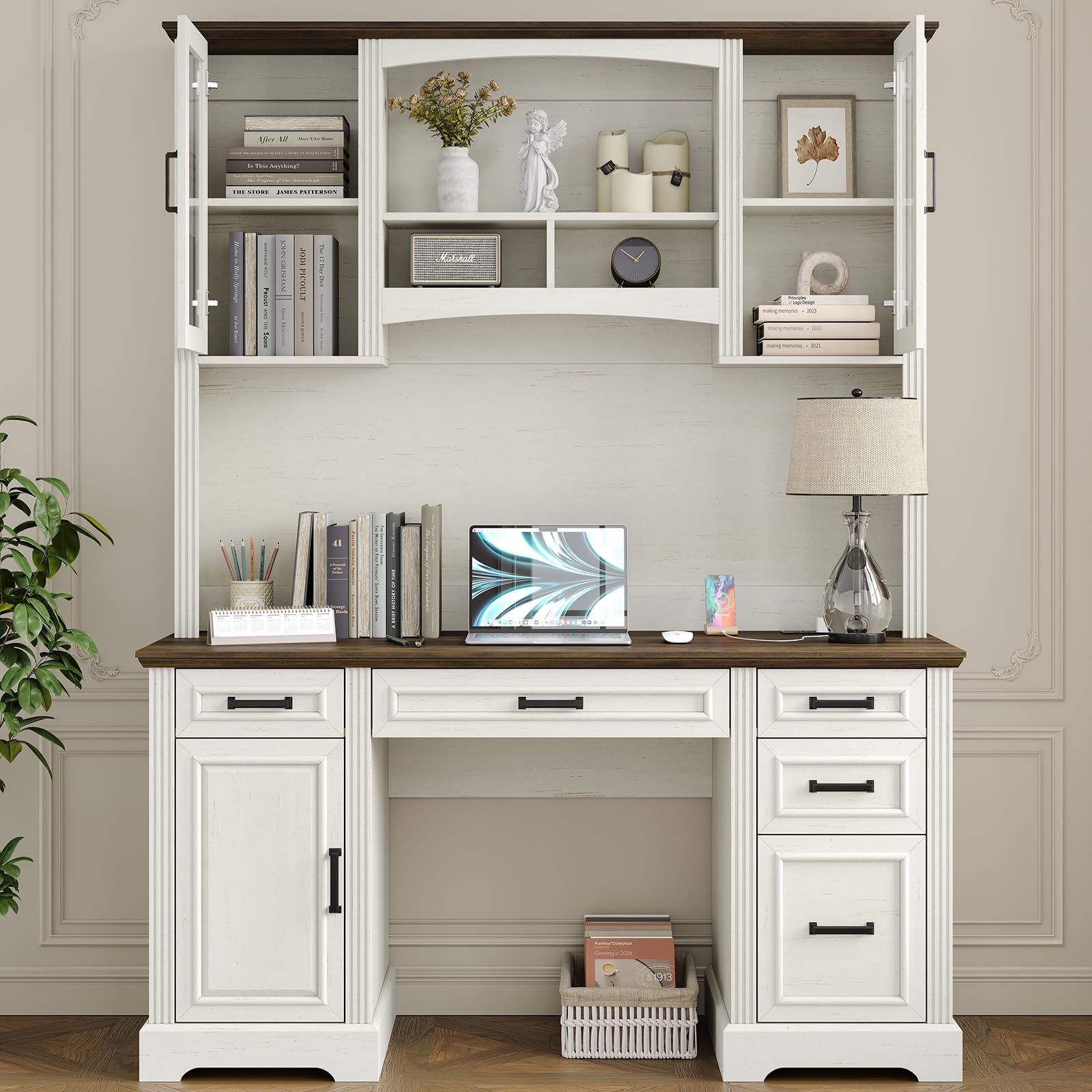 76" Farmhouse Executive Desk with Hutch and Charging Station