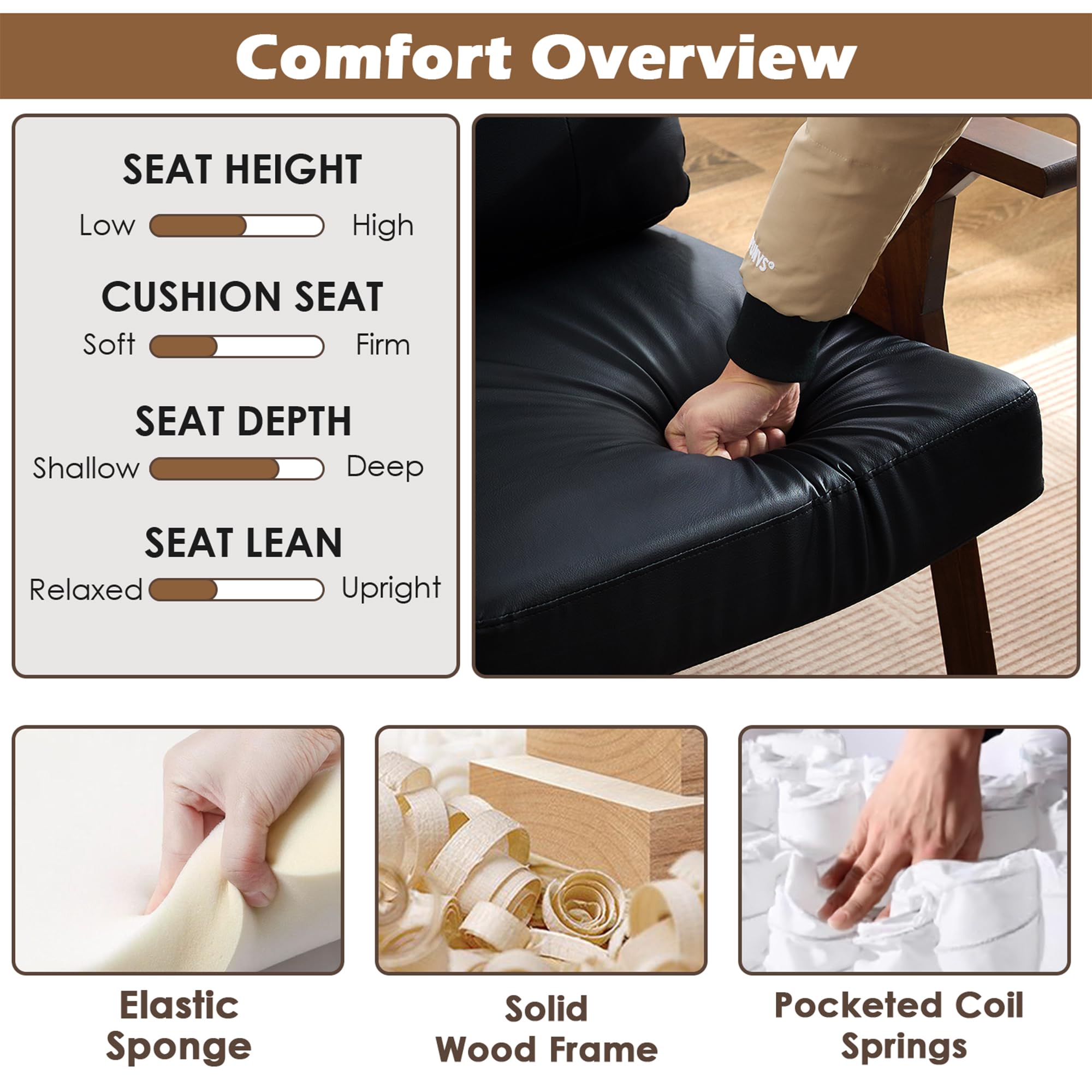 Black Leather Office Accent Chair Set of 2 with Wooden Arms