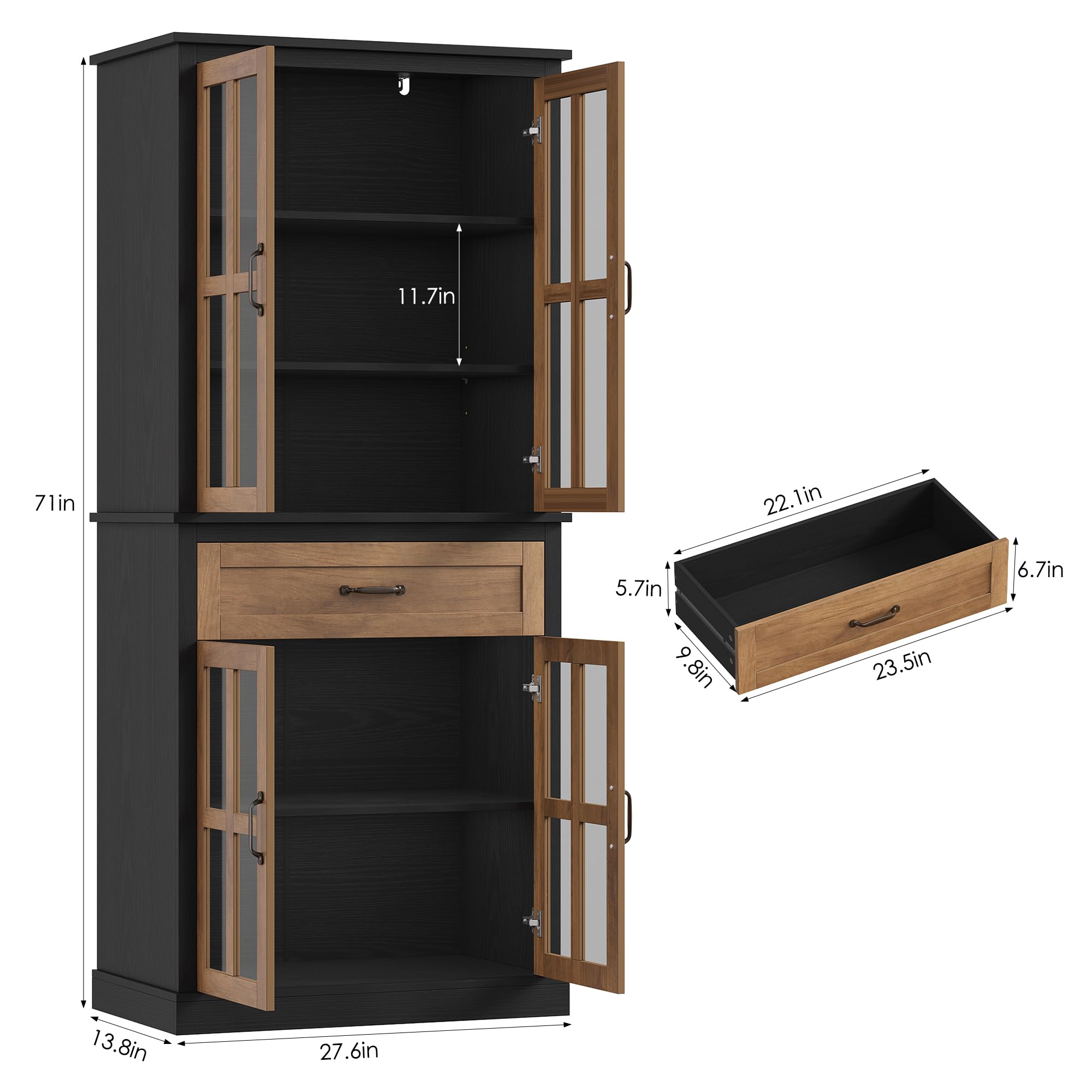 Kitchen Pantry Cabinet with Glass Doors and Drawer