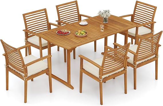 7-Piece Acacia Wood Patio Dining Set with Cushioned Chairs