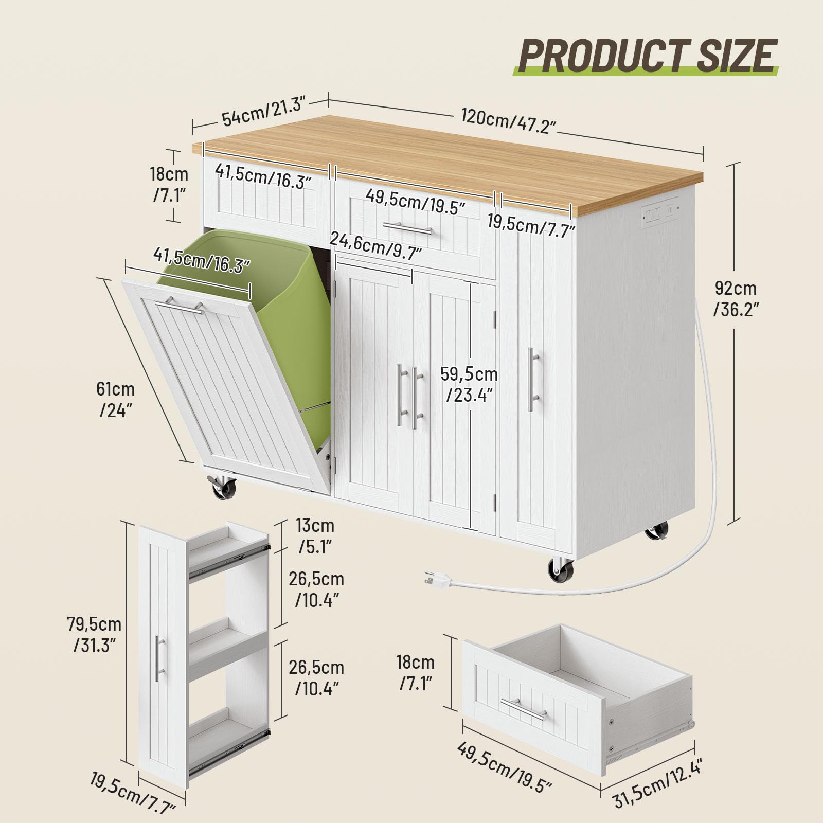 Rolling Kitchen Island Cart with Storage and Charging Station
