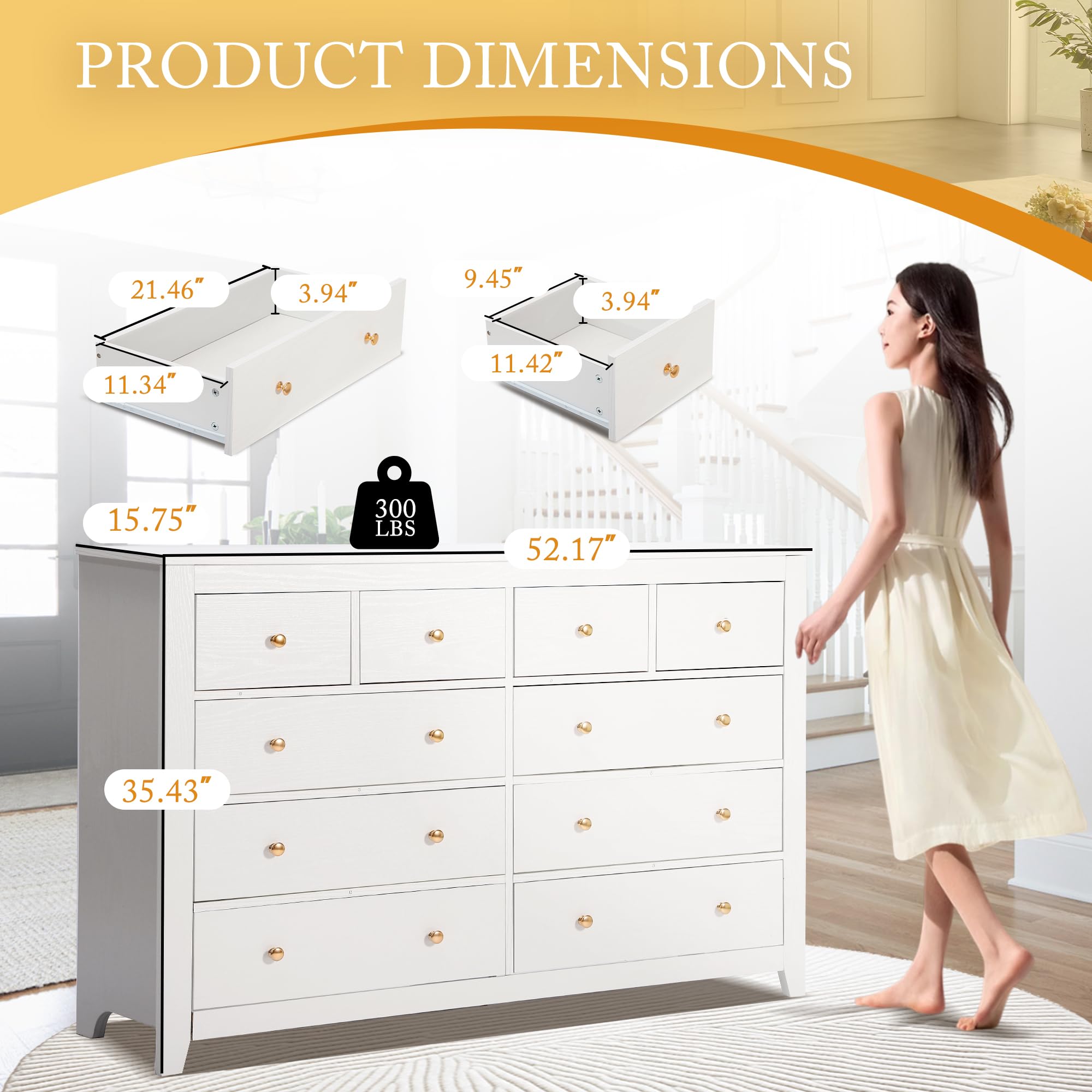 10 Drawer Dresser 52 Inch Wooden Chest with Gold Knobs White