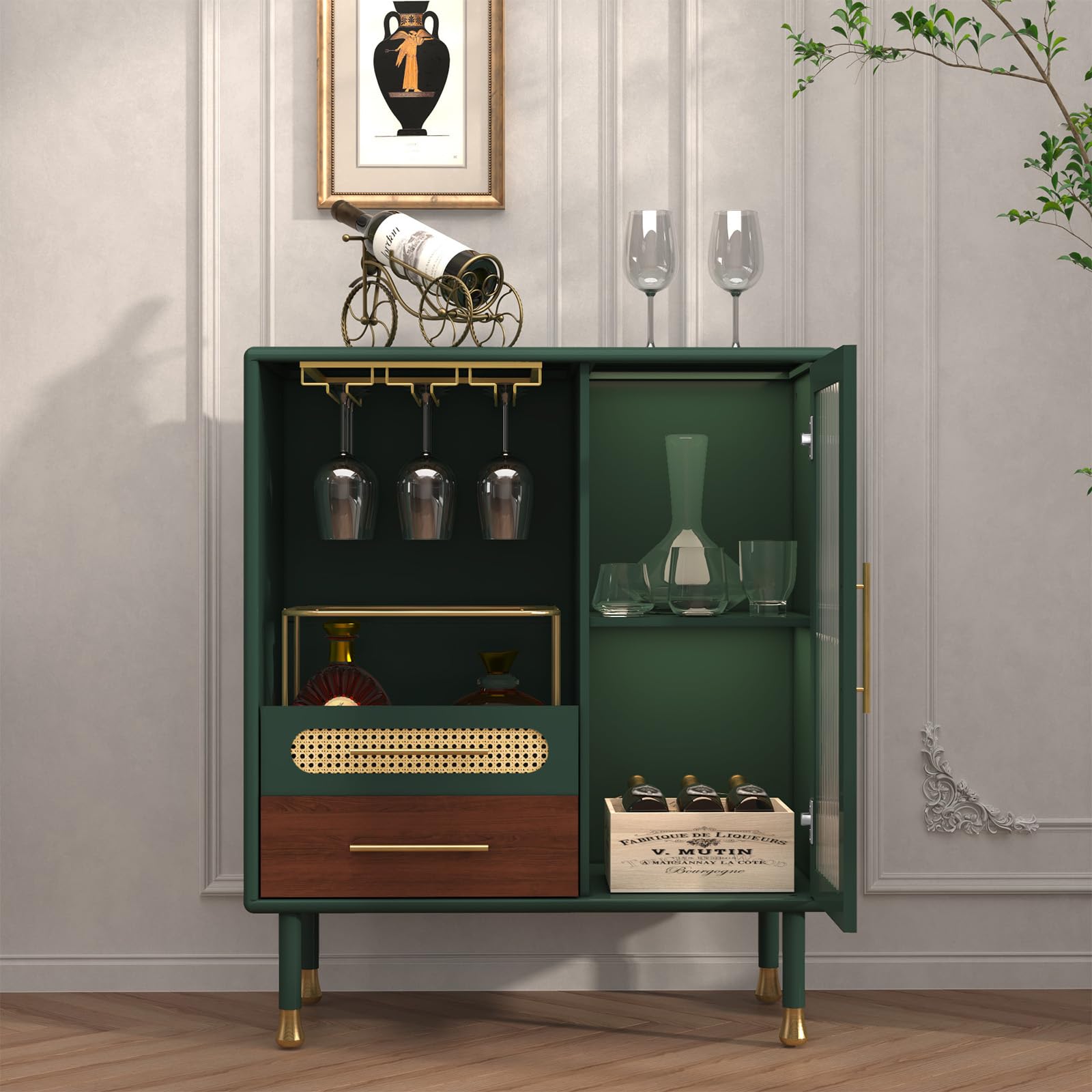 Modern Coffee Bar Cabinet with Wine Glass Rack and Drawers
