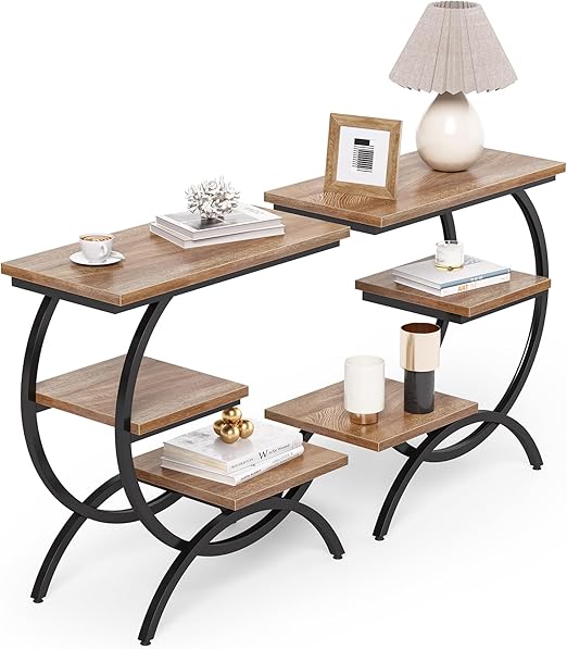 C-Shaped End Table with Storage Shelves