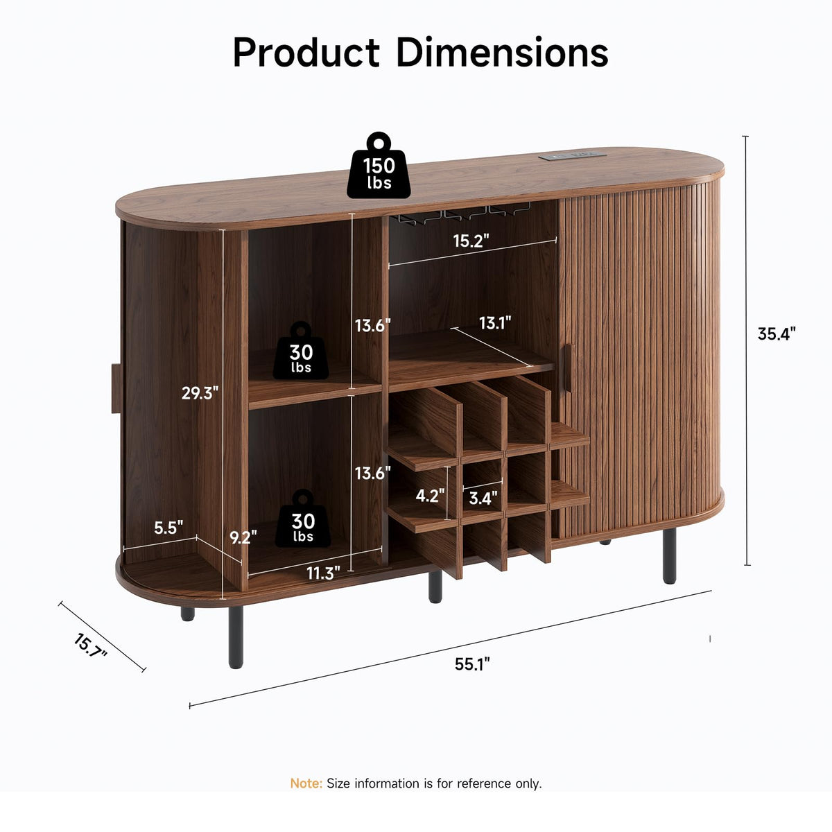 55 Inch Fluted Wine Bar Cabinet with LED Light and Charging Station
