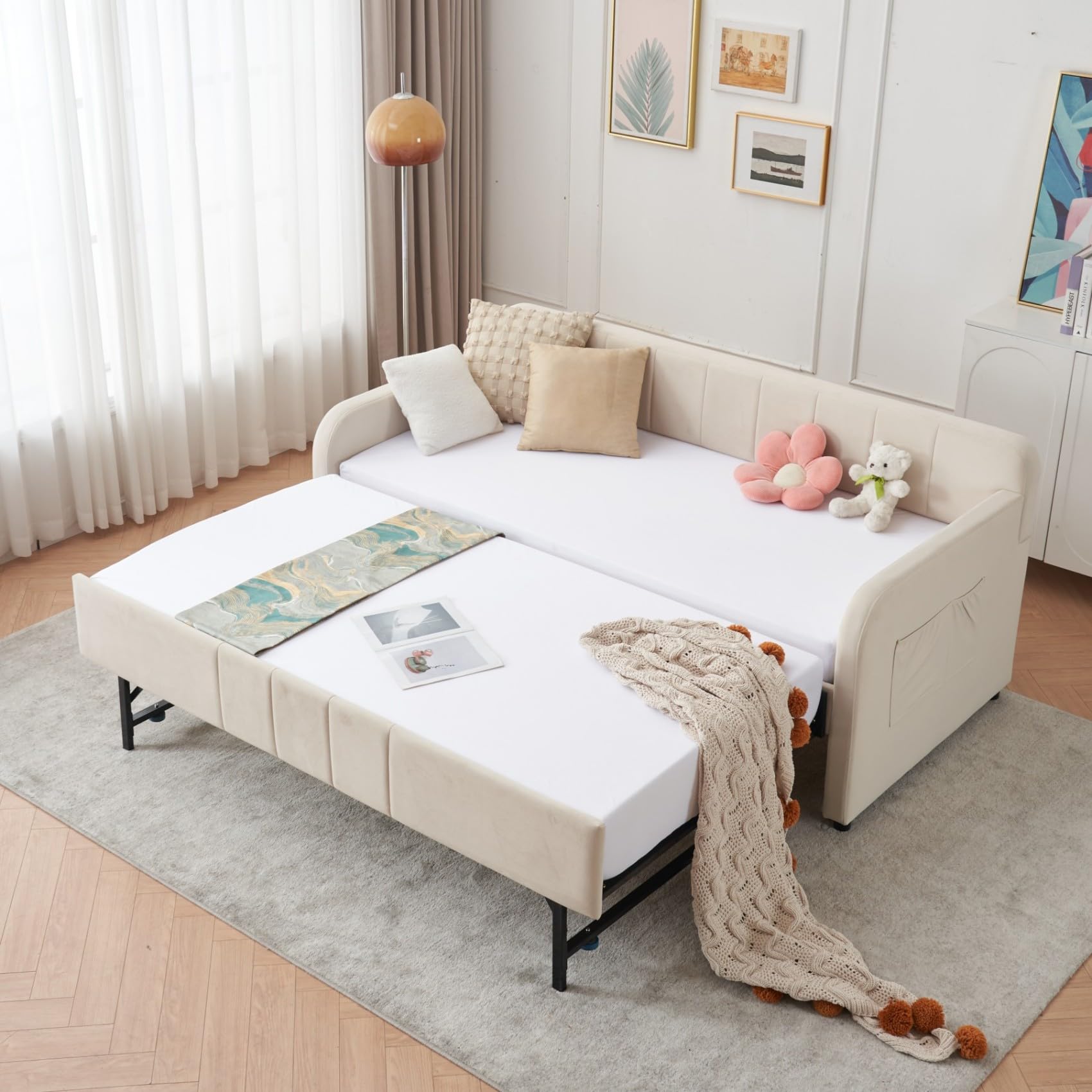 Twin Velvet Corner Daybed with Liftable Trundle and USB Charging