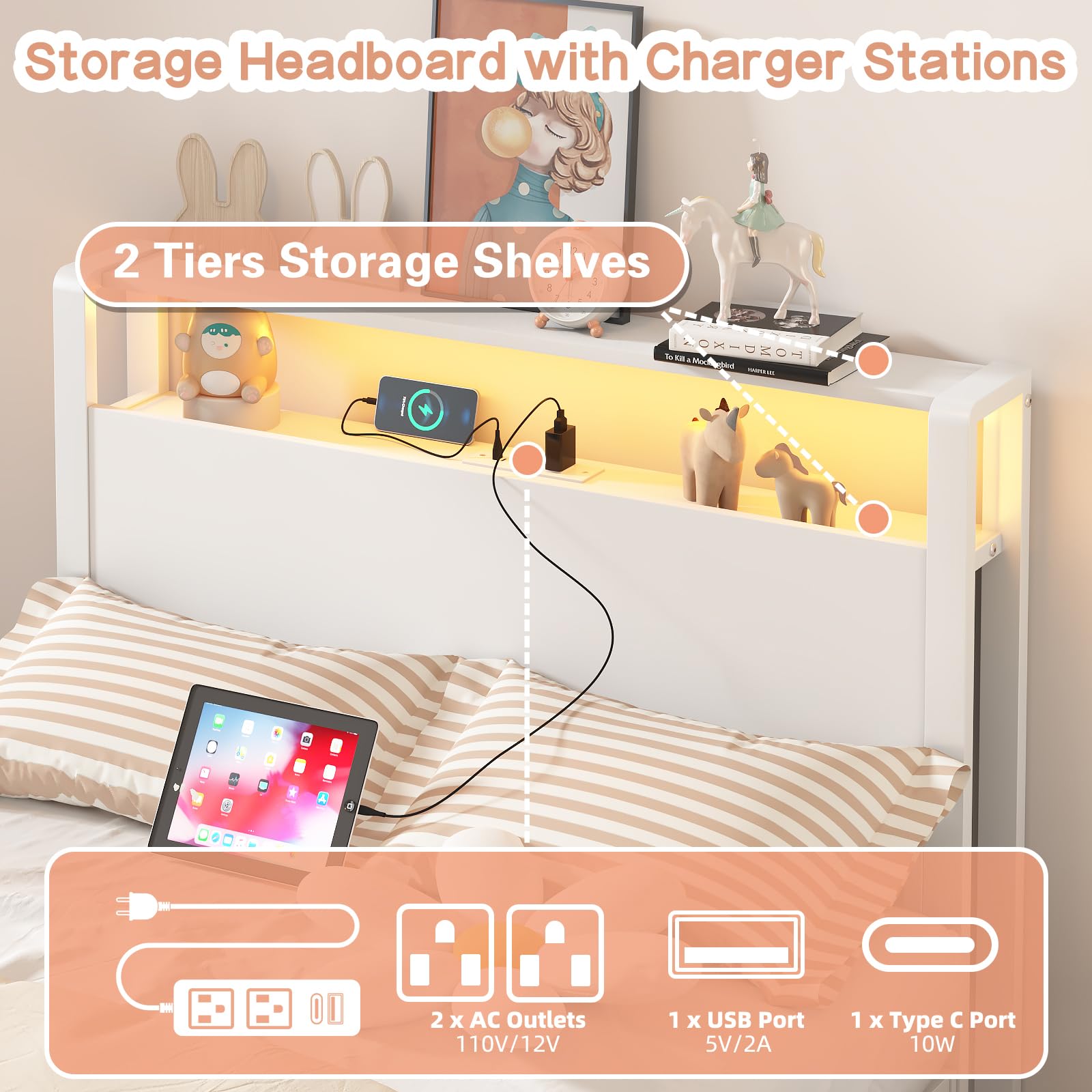 Twin Bed Frame with Storage Shelves and LED Lights