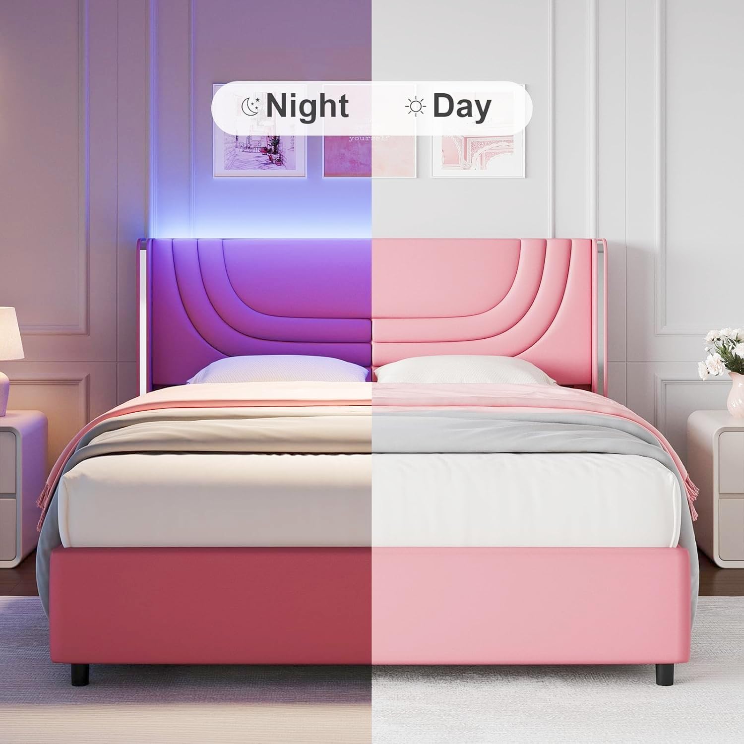 Full Size LED Bed Frame with Upholstered Wingback Headboard