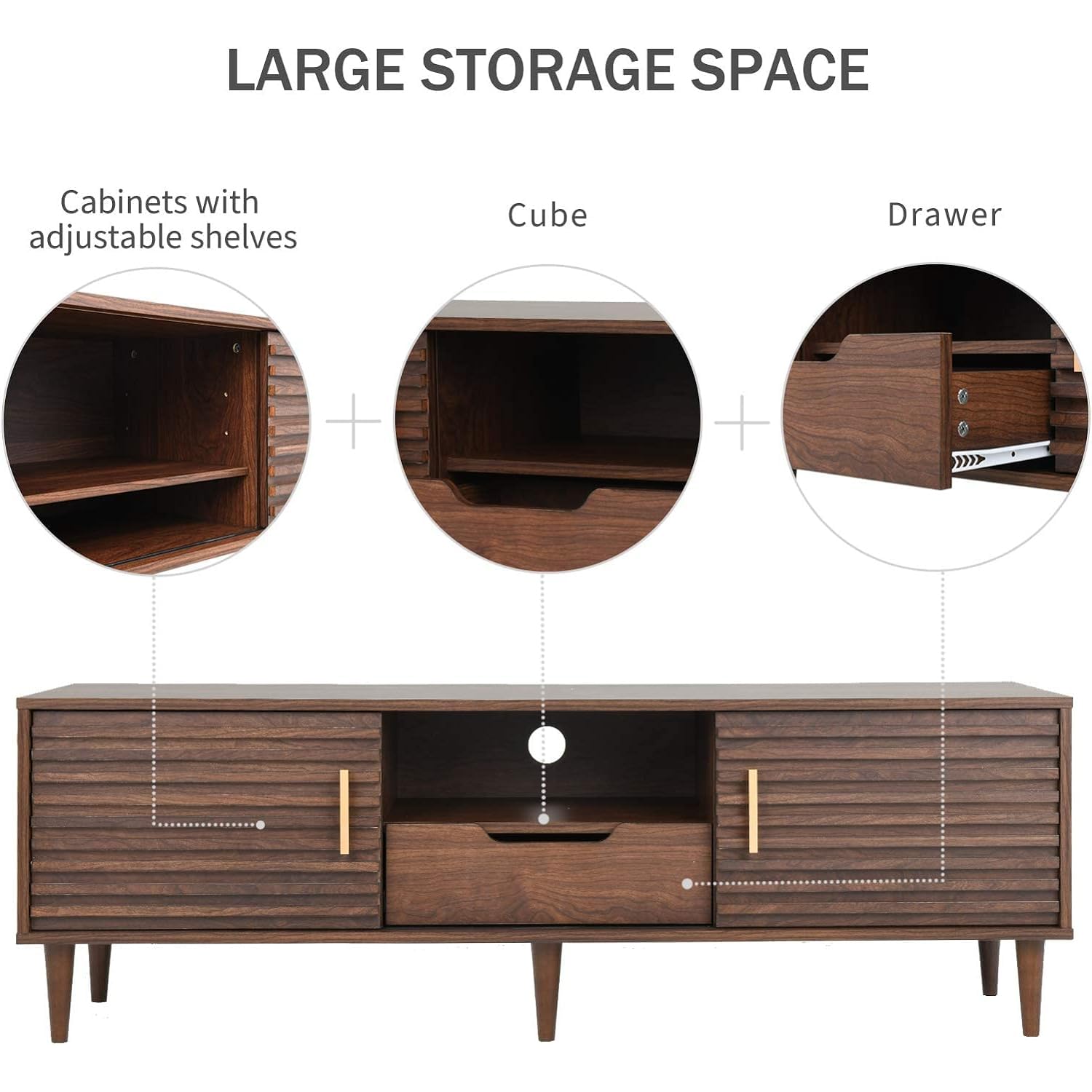 Mid-Century TV Stand 59" with Sliding Doors and Drawer