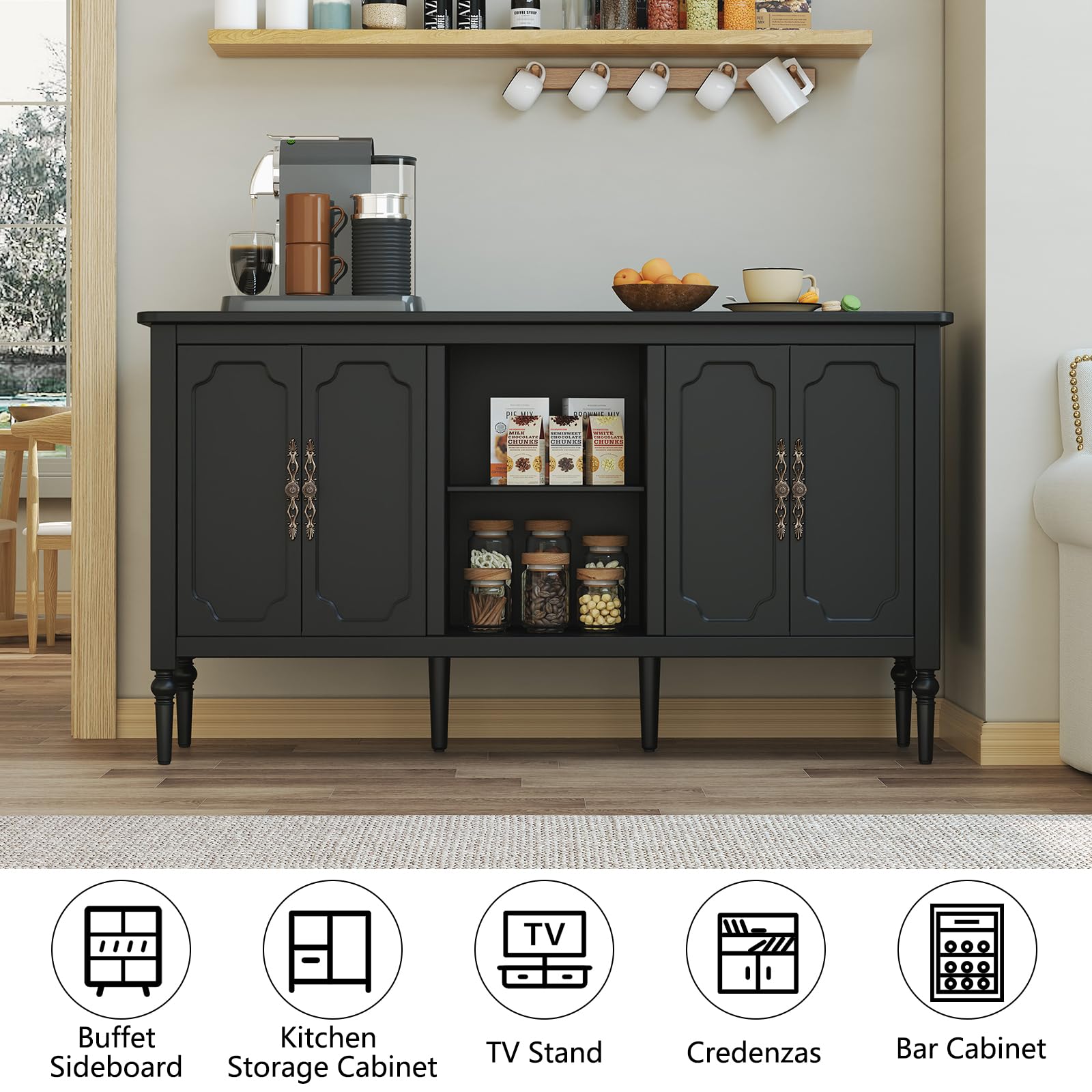 Vintage Buffet Sideboard Cabinet with 4 Doors 59 Inch