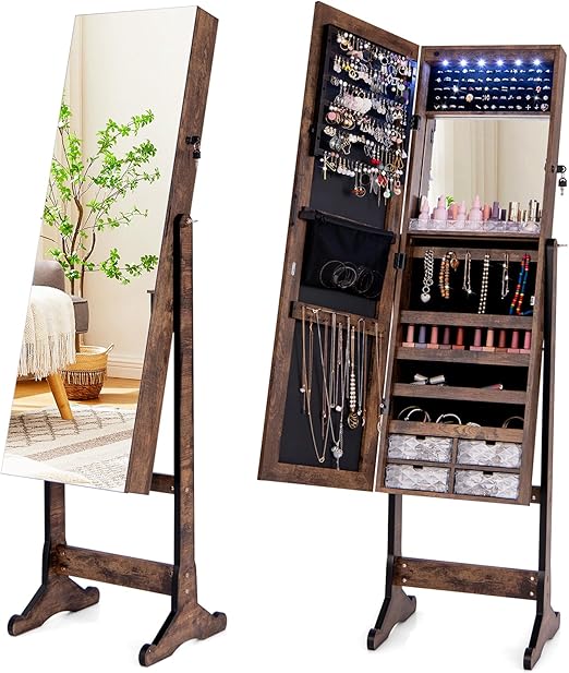 Jewelry Armoire Cabinet with Full Length Mirror and LED Lights