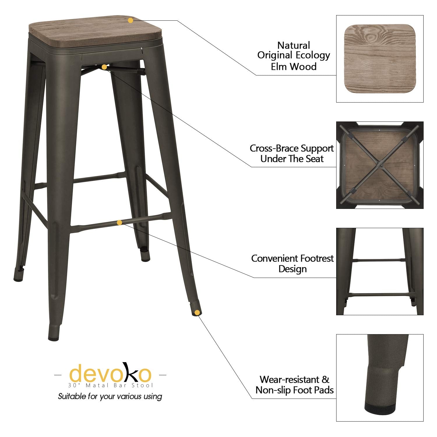 30" Metal Bar Stool Set of 4 - Stackable Industrial Wood Top Barstools