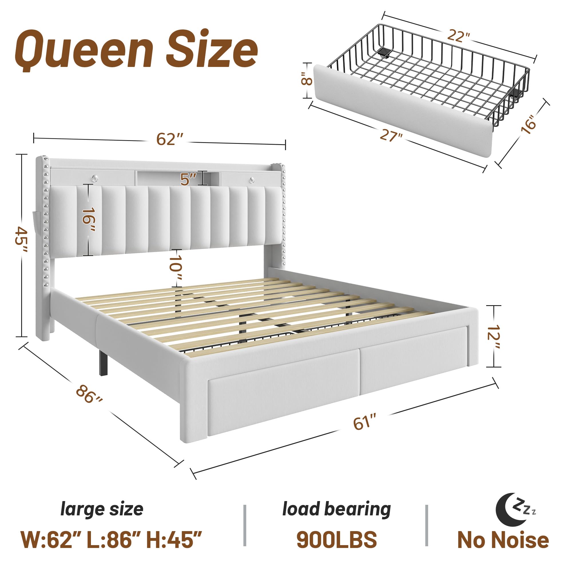 Queen Bed Frame with Storage Drawers and Charging Station