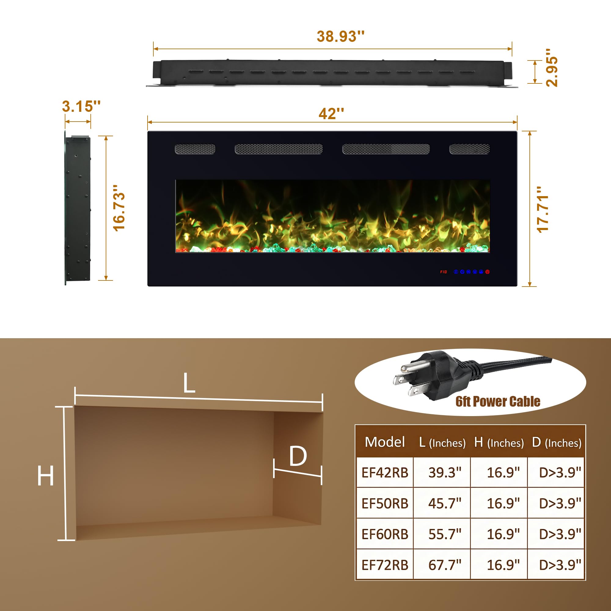 42 Inch Electric Fireplace Heater with Remote Control