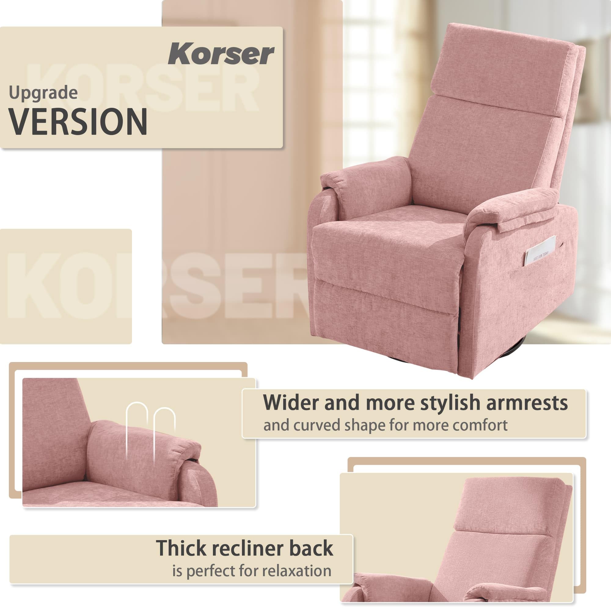 Korser Recliner Chair, Swivel Rocking Recliner Chair for Adults, Glider Rocking Chair, Small Nursery Chair Recliner for Living Room, Reclining Chair with Modern-Designed Armrests, Chenille, Khaki