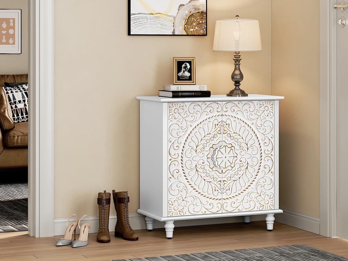 White Accent Cabinet with Carved Flower Pattern