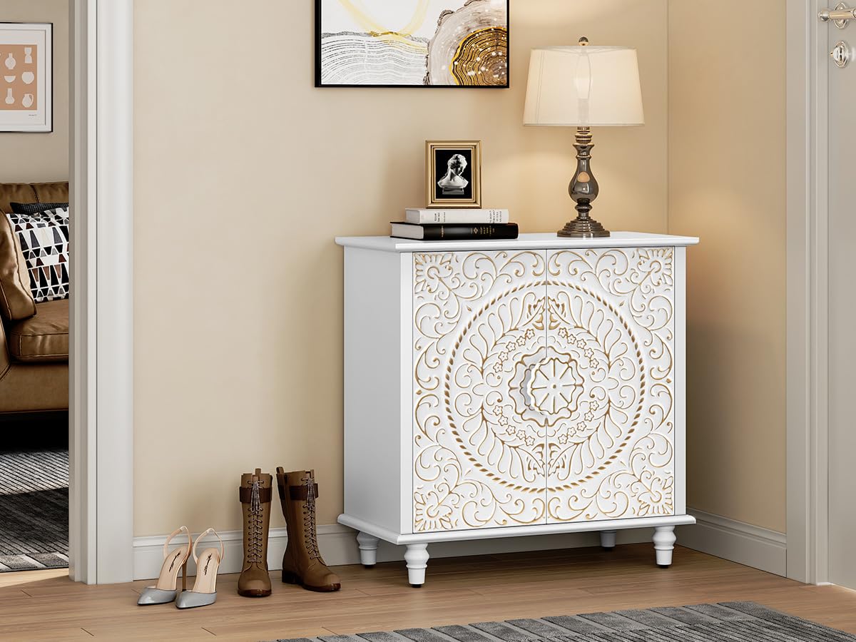 White Accent Cabinet with Carved Flower Pattern