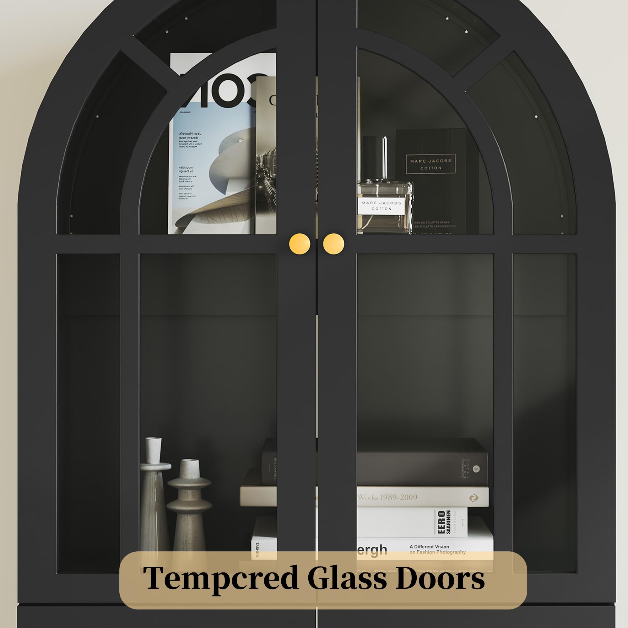 Arched Glass Door Cabinet with Drawers and Shelves