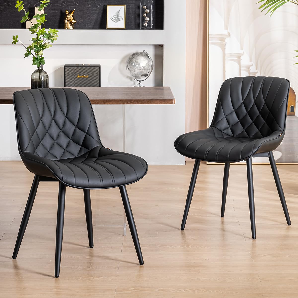 Black Dining Chairs Set of 2 - Modern Upholstered PU Leather