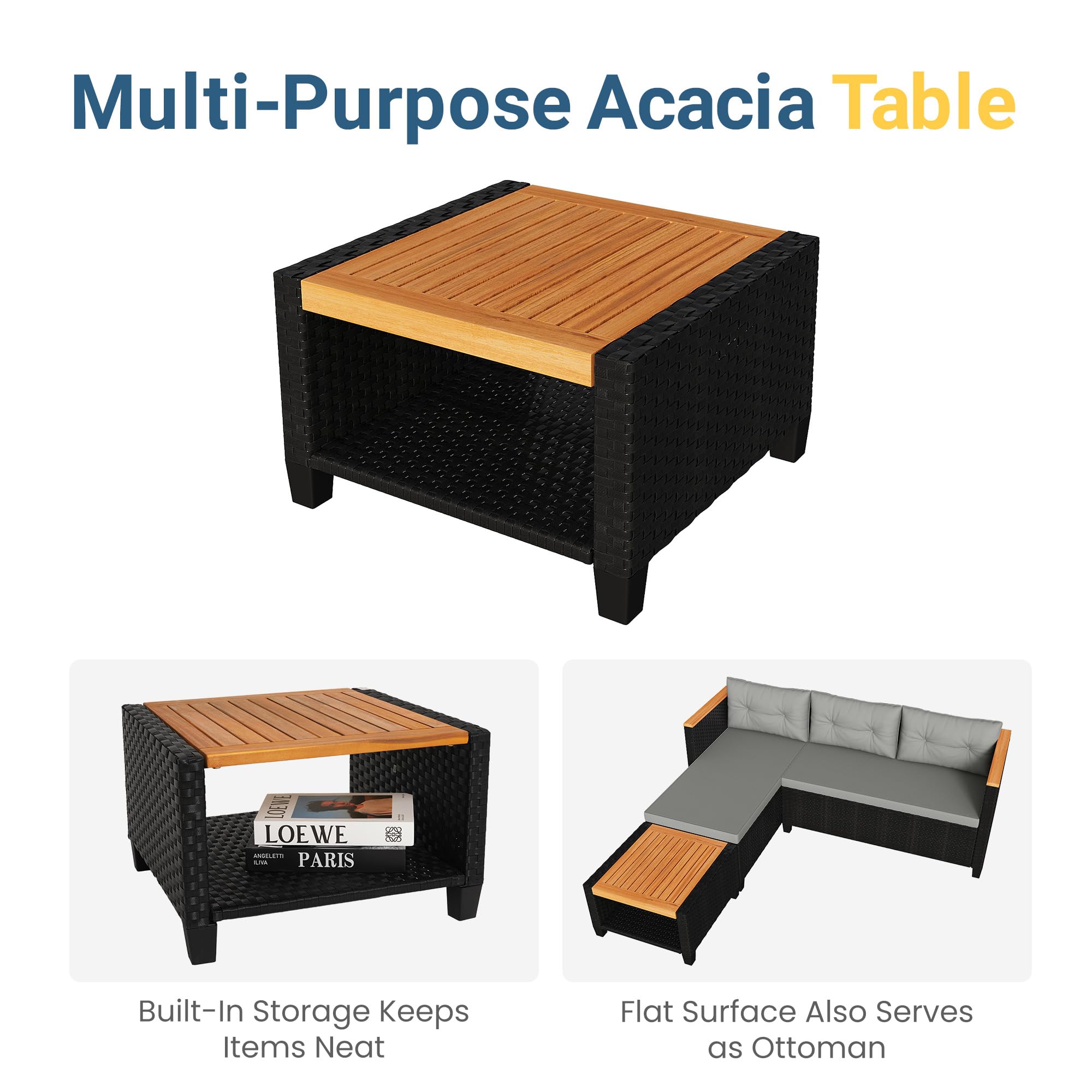 Small Patio Furniture Set - 3 Piece L-Shape Sectional Sofa with Storage Table