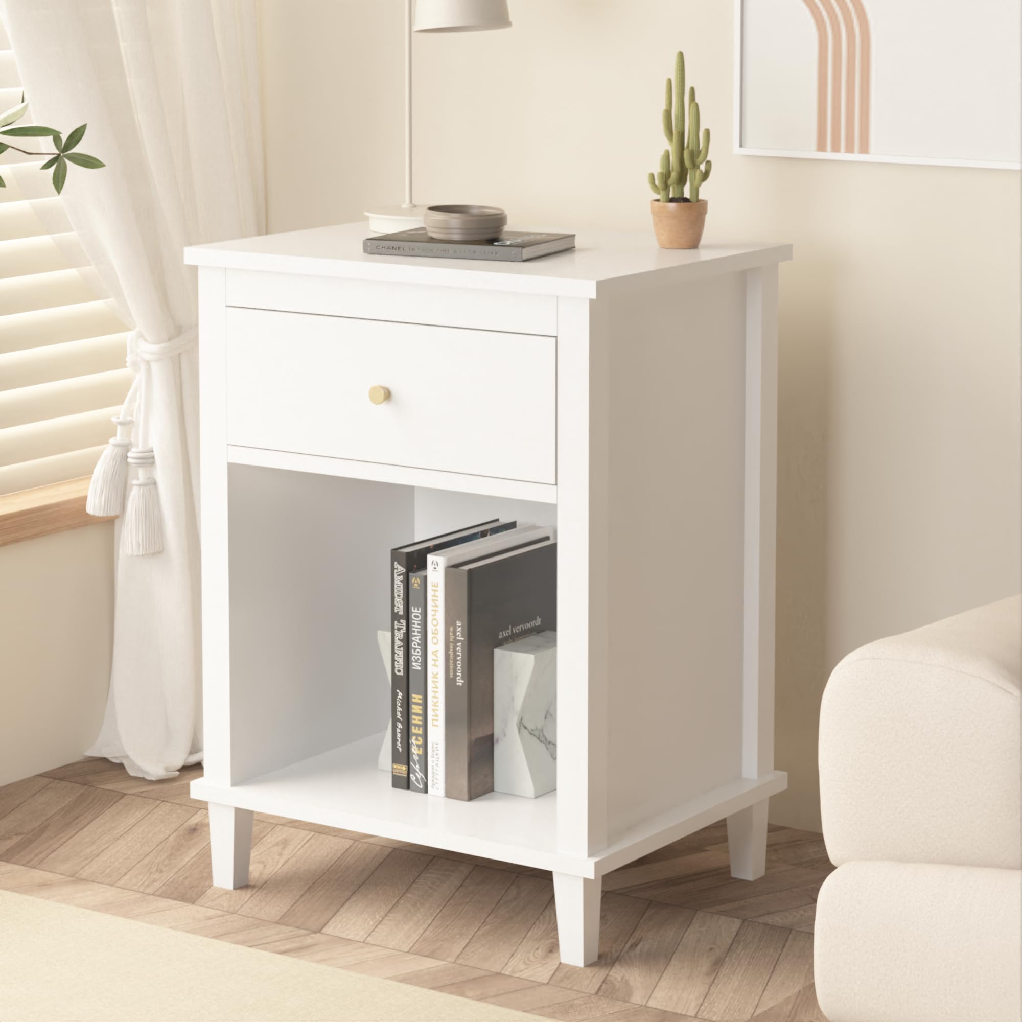 White Nightstand with Drawer and Storage Shelf