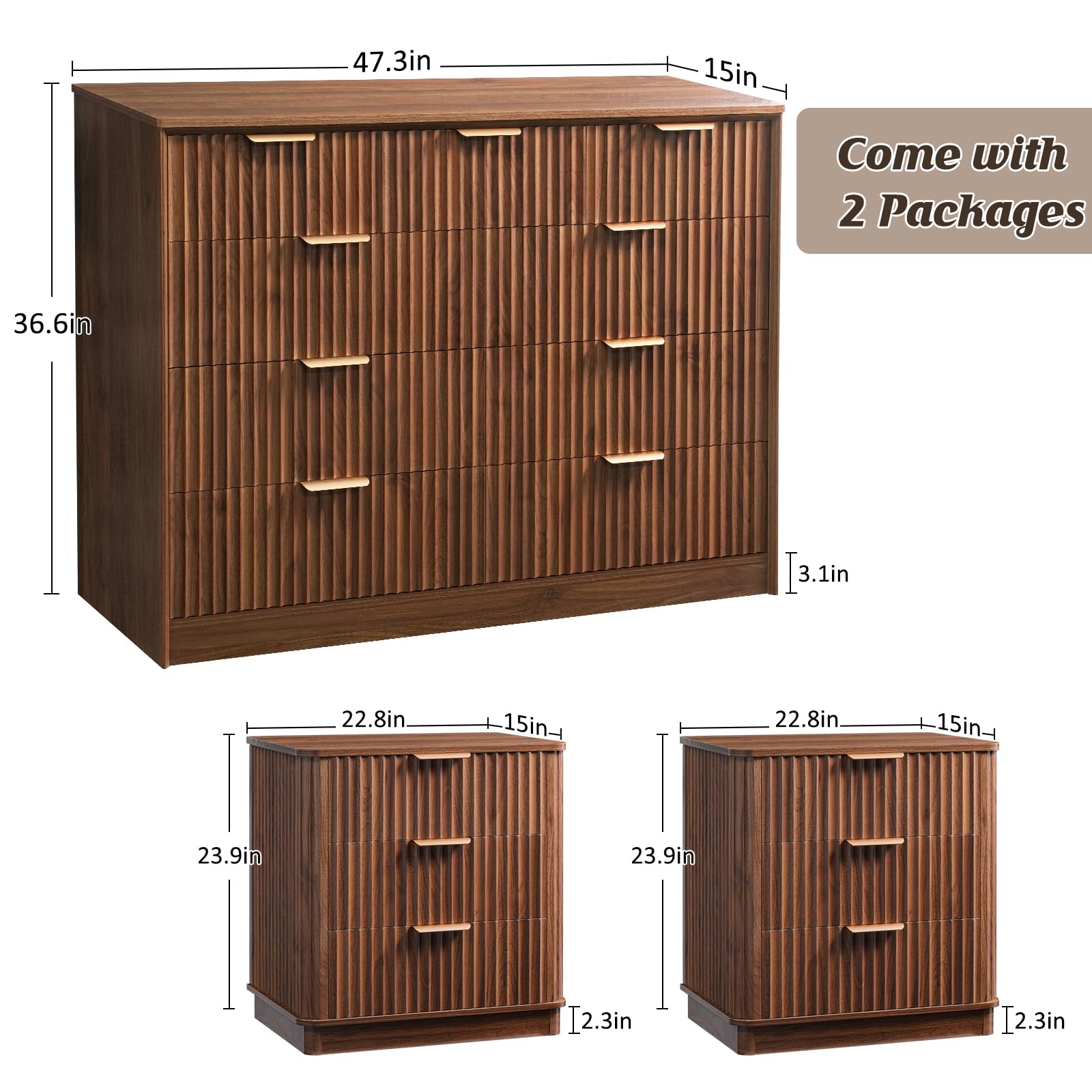 Fluted 9 Drawer Dresser and Nightstand Set