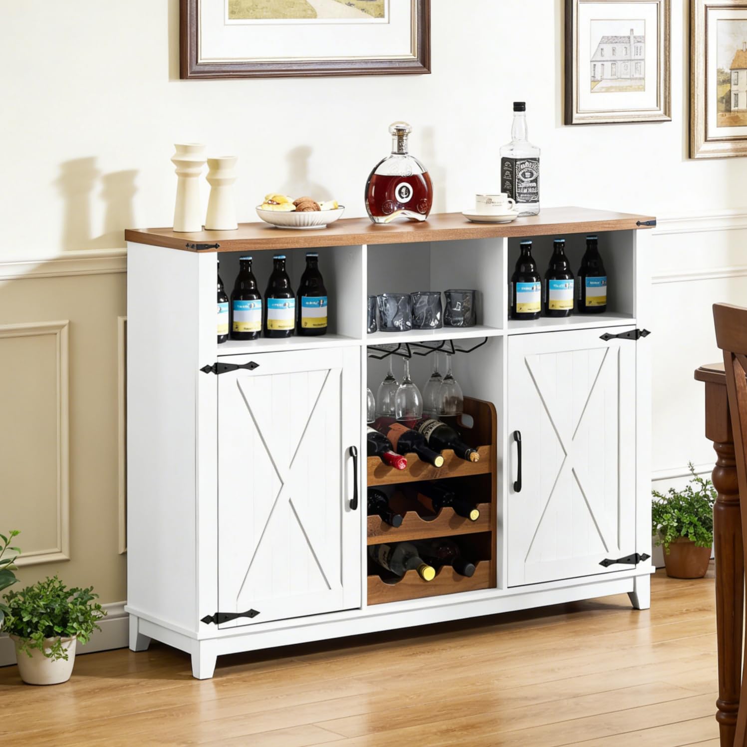 Farmhouse Wine Bar Cabinet with Detachable Wine Rack