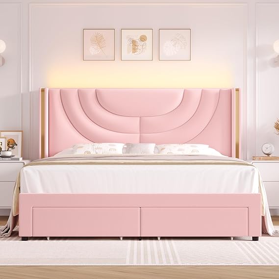Full Upholstered LED Bed Frame with Storage Drawers