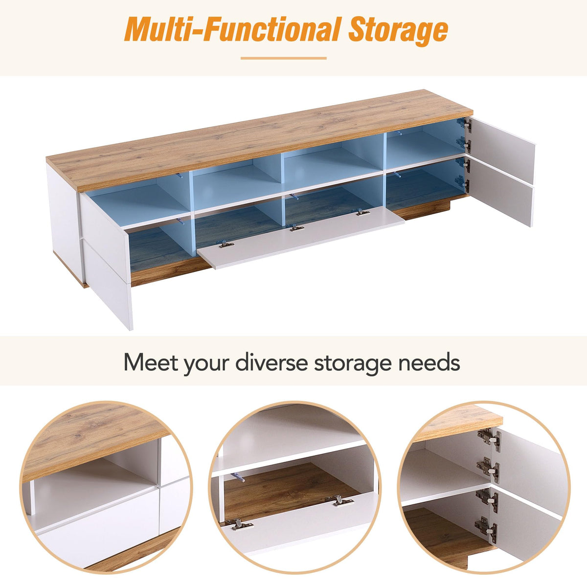 Modern Television Stand with 6 Cabinets & 2 Open Storage Spaces
