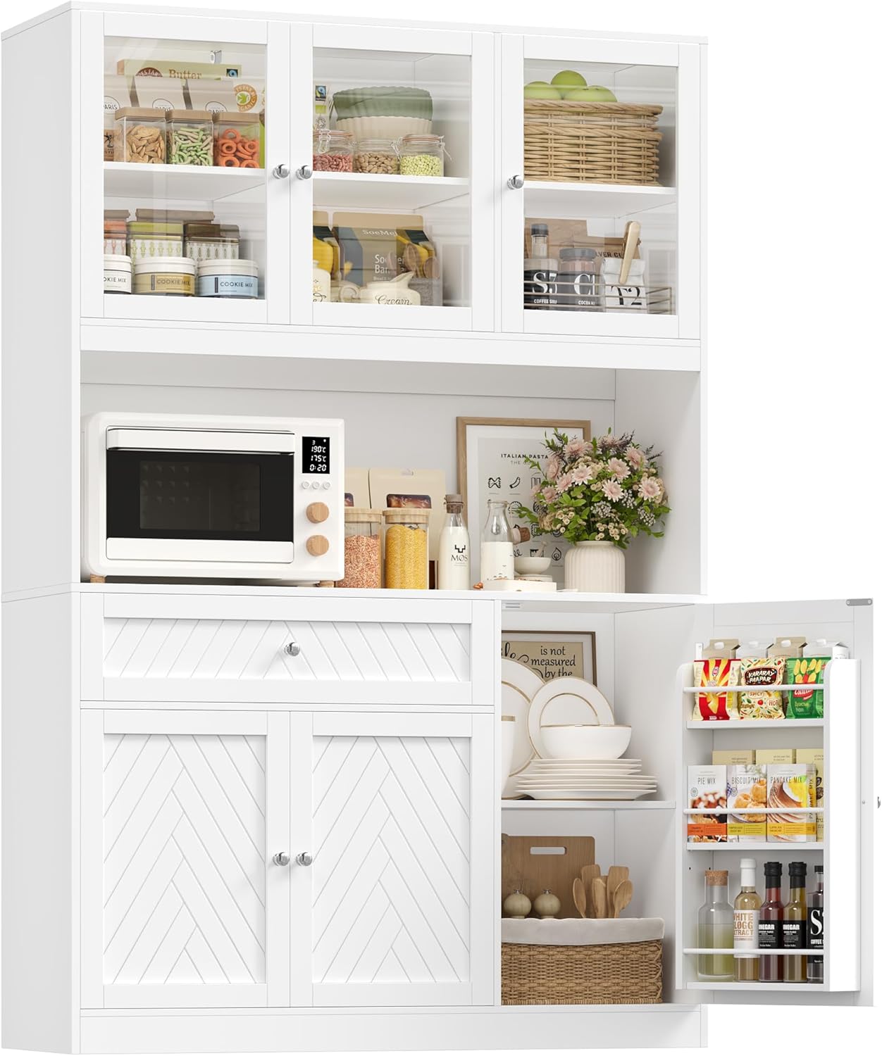 72" Tall Kitchen Pantry Storage Cabinet with Glass Doors