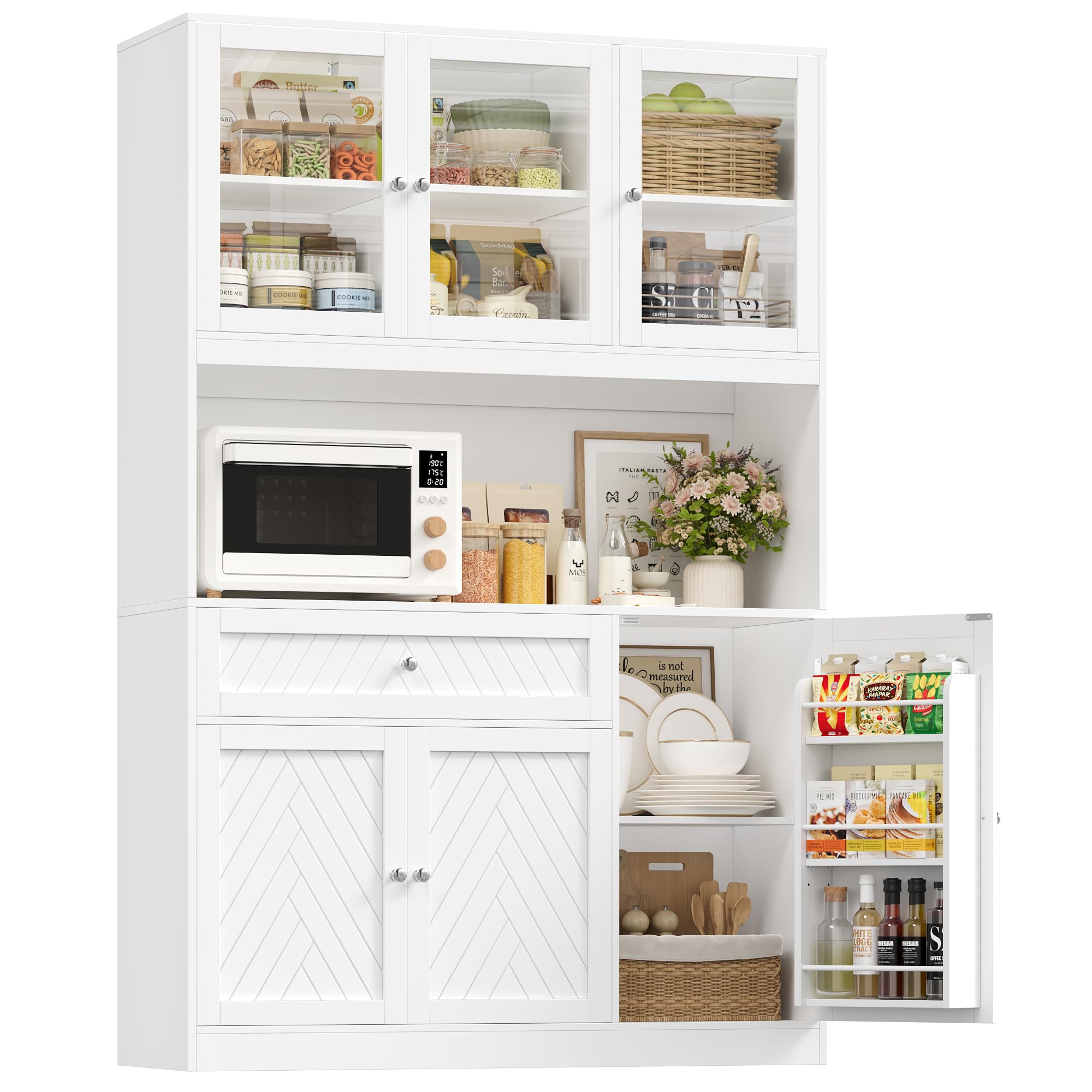 72" Tall Kitchen Pantry Storage Cabinet with Glass Doors