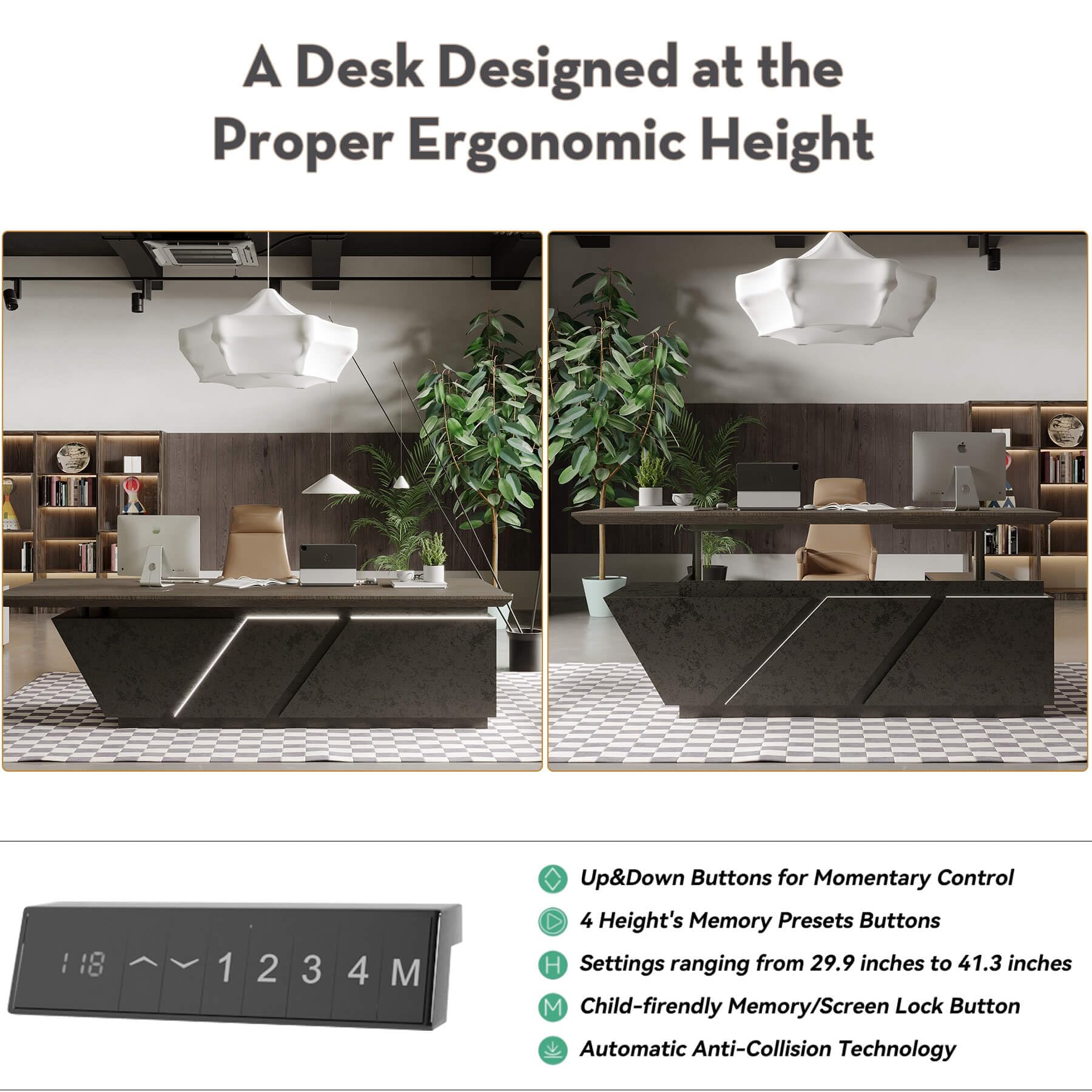 Adjustable Executive L-Shaped Desk with Drawers and LED Light