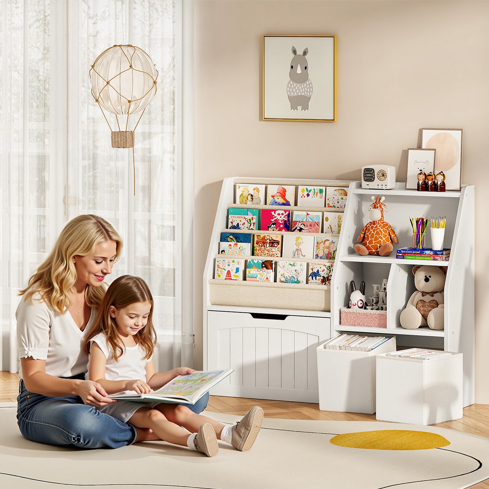 Kids Bookshelf with Toy Storage and Fabric Baskets