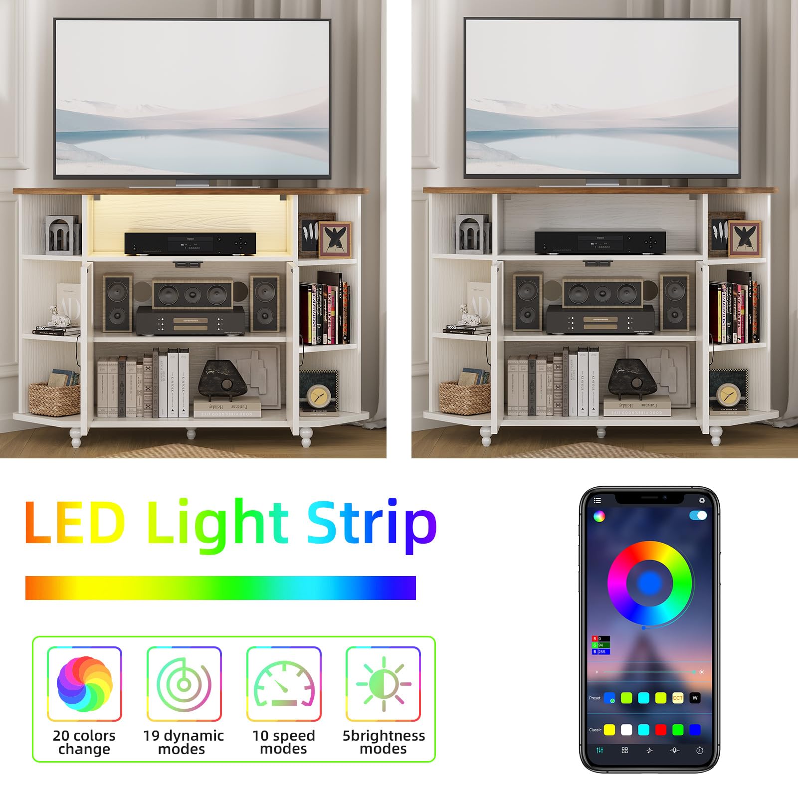 Corner TV Stand with LED Lights and Adjustable Shelves