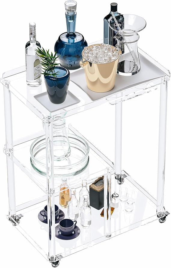 Acrylic Bar Cart 3-Tier Rolling Serving Cart with Lockable Wheels