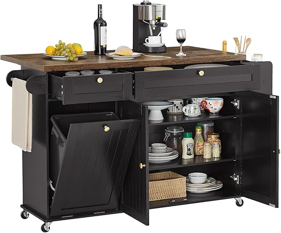 60" Kitchen Island with Power Outlet and Drop Leaf