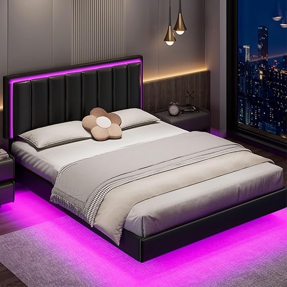 King Floating Bed Frame with LED Lights