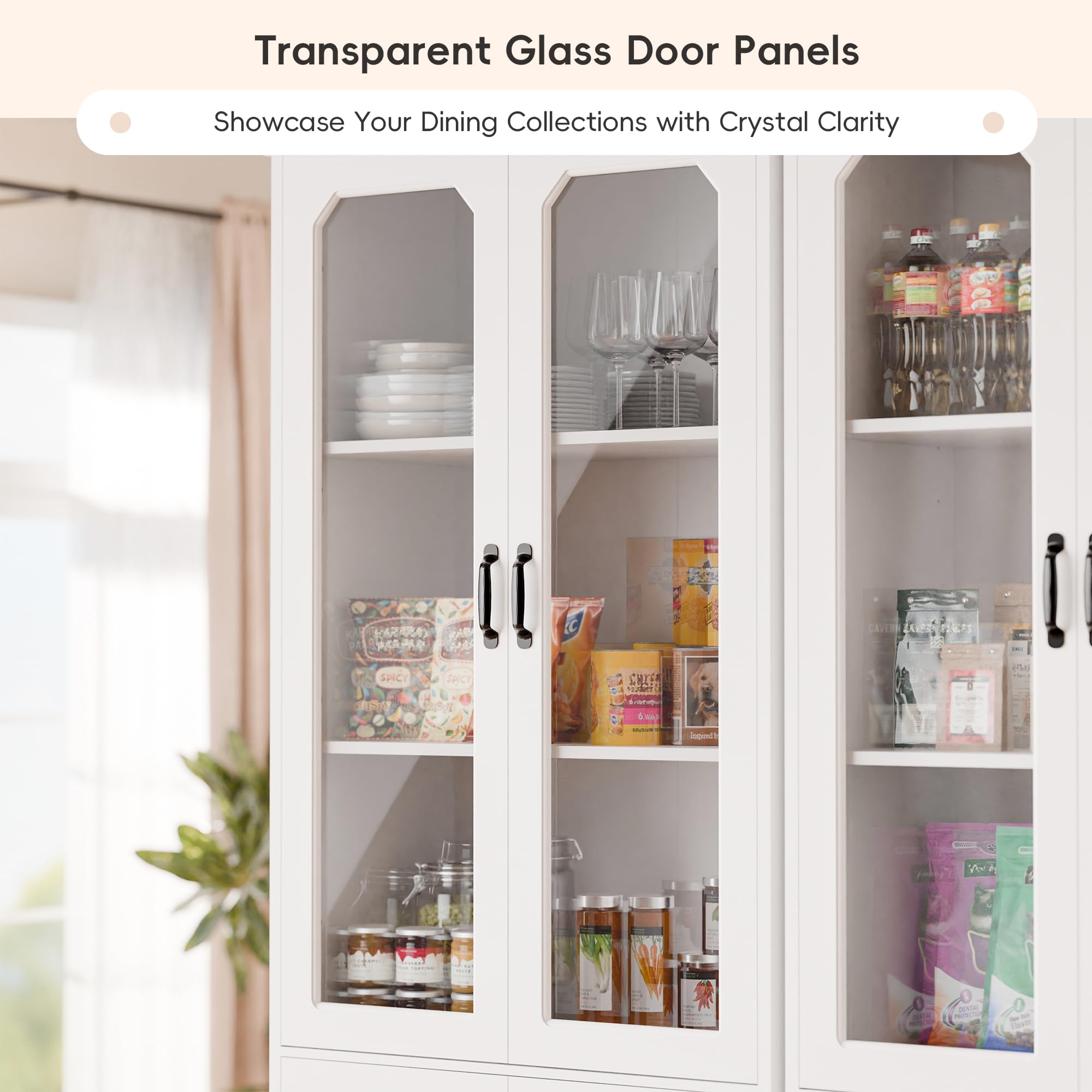 Tall Kitchen Pantry Cabinet with Glass Doors