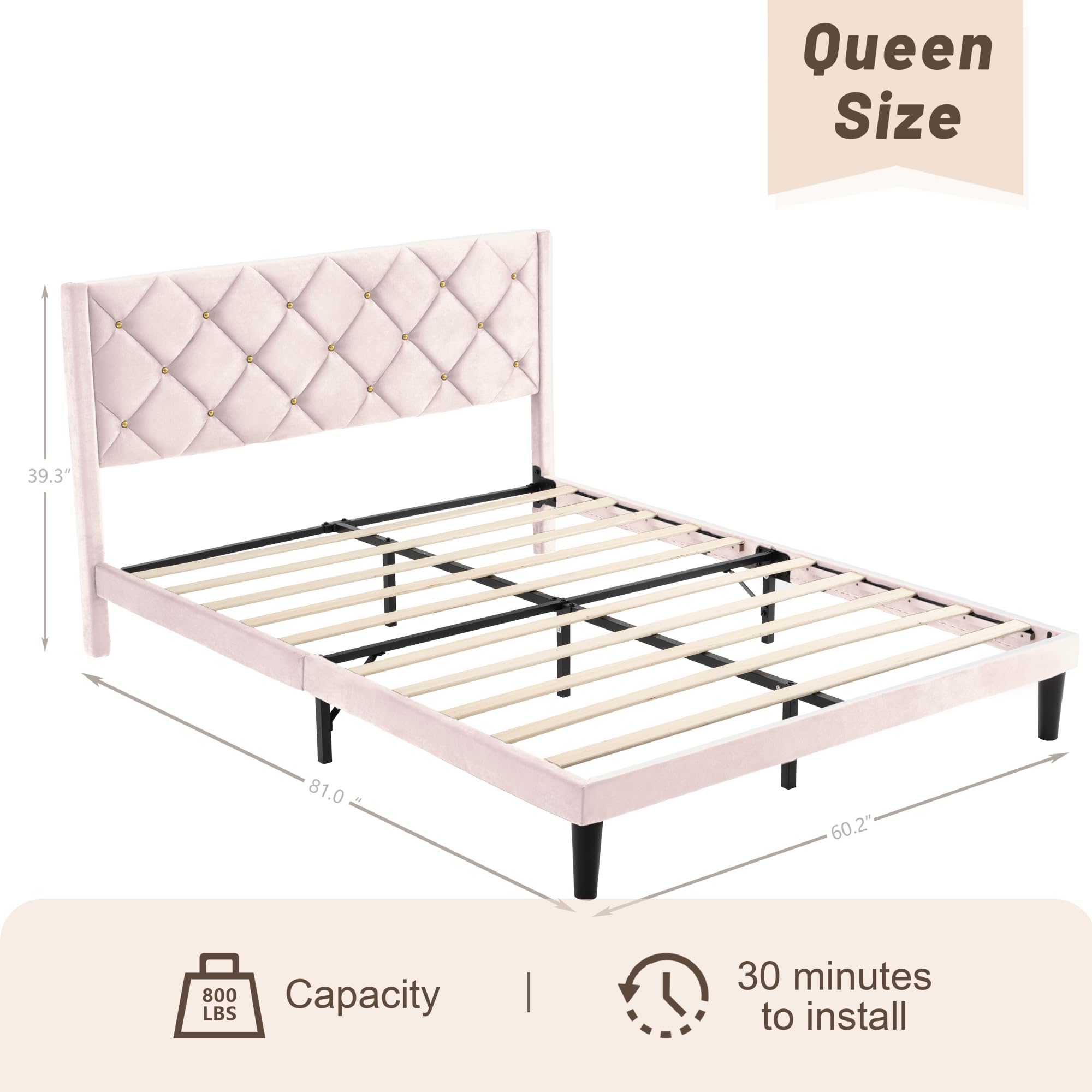 Queen Platform Bed Frame with Velvet Upholstered Headboard