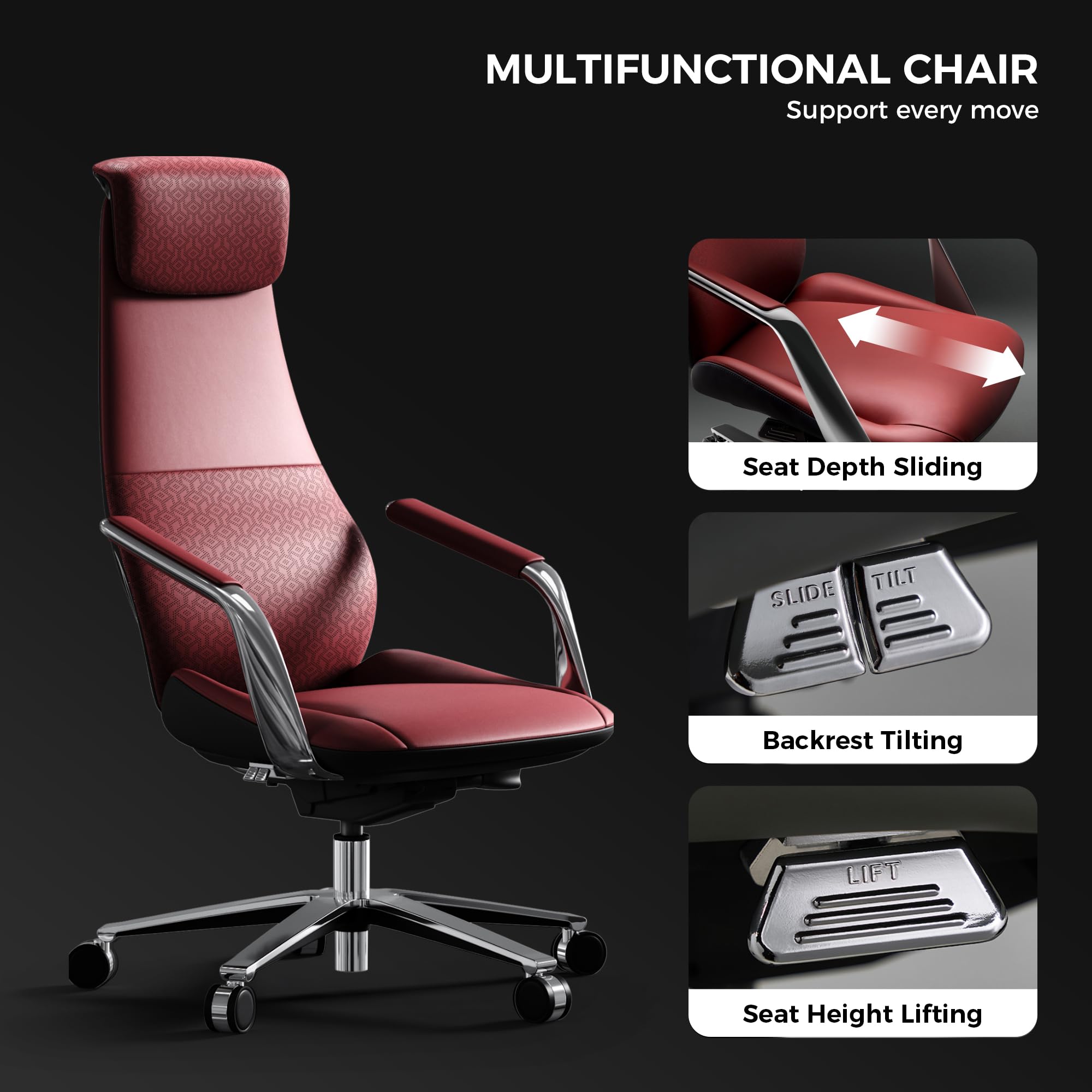 Luxury Executive Office Chair Genuine Leather High Back Ergonomic Reclining Red