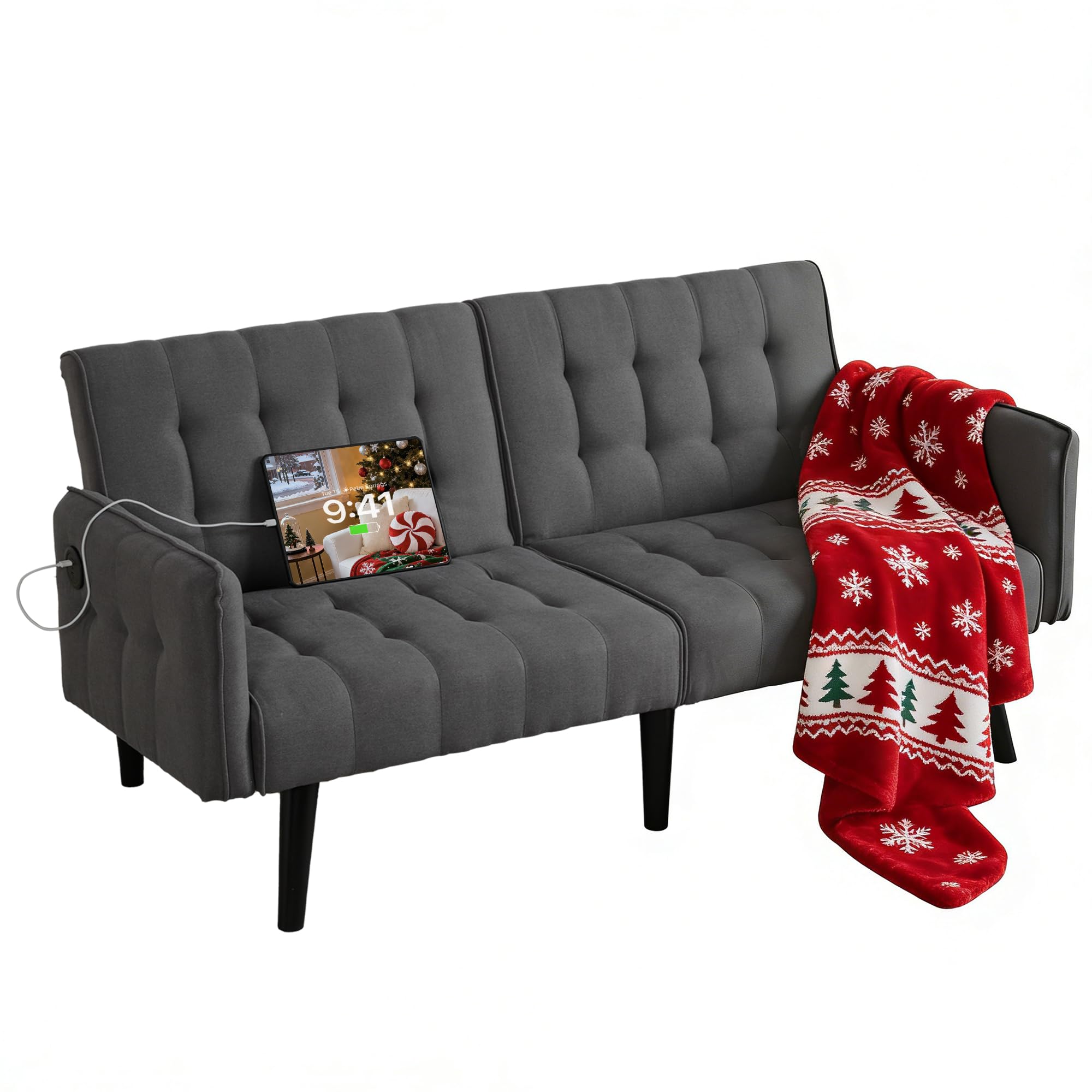 65" Convertible Futon Sofa Bed with USB Ports