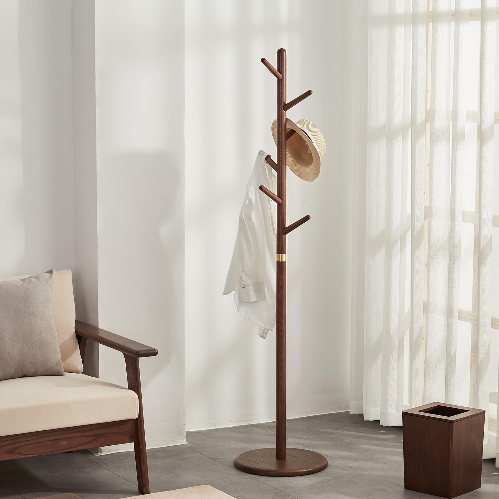 Solid Wood Coat Rack Freestanding with 6 Hooks
