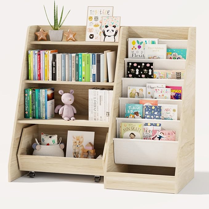 Kids Bookshelf and Toy Storage with Movable Drawer